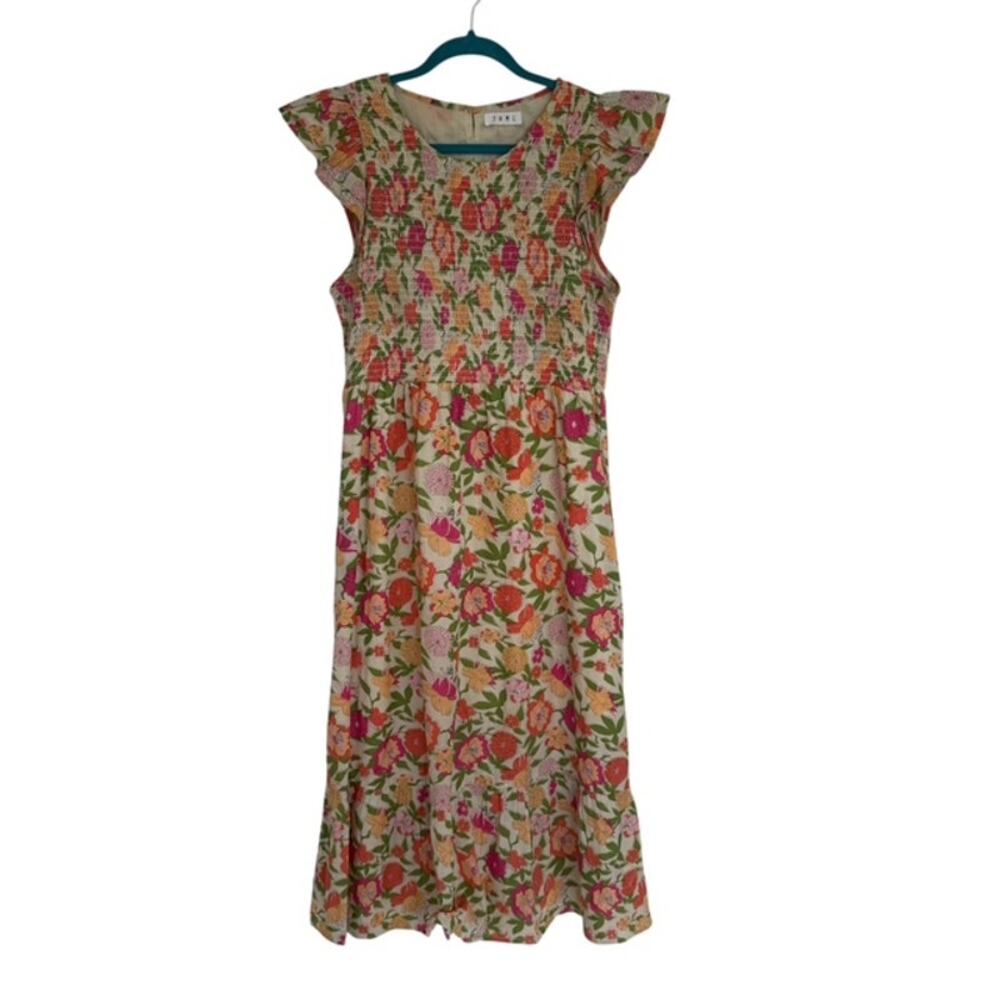 THML Multi-colored Floral Smocked Bodice Midi Dress w/ Ruffle cap sleeves Large